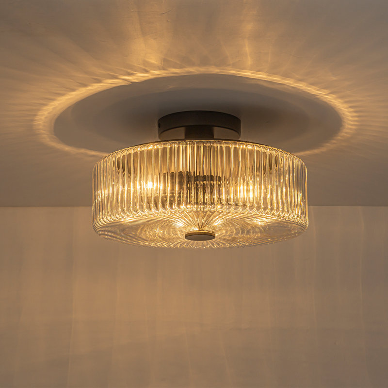 3 - Light Ribbied Glass Semi Flush Mount, Clear, Matte Black