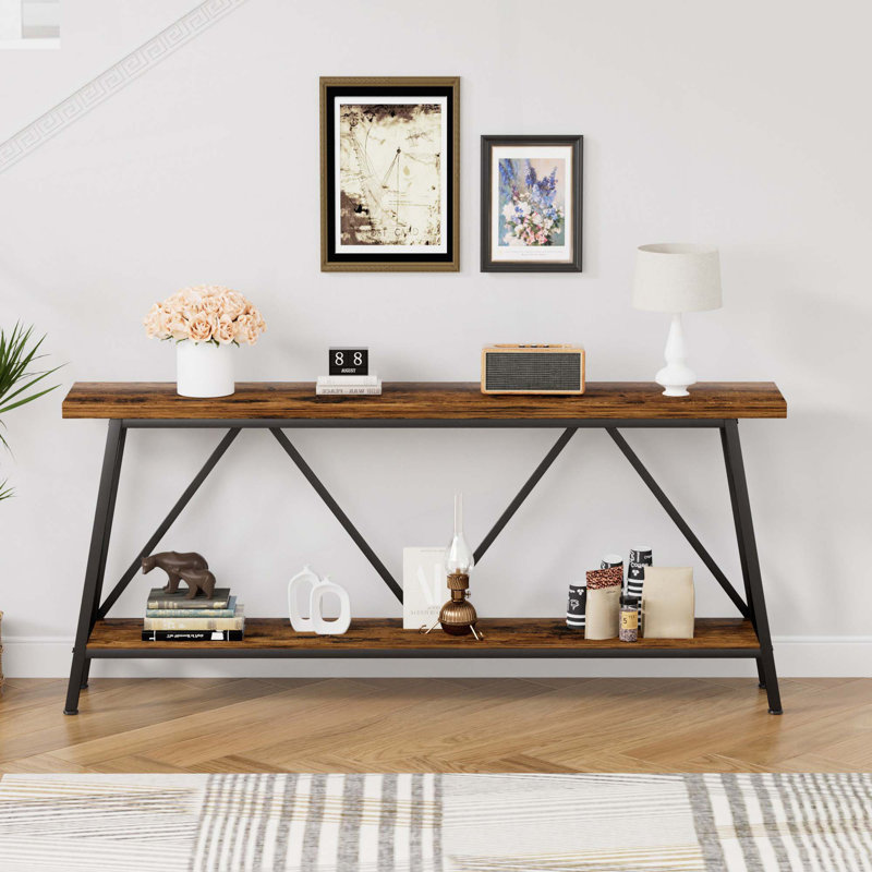 Table de canapé polyvalente et durable avec rangement supplémentaire et pieds réglables, table d'entrée avec tablettes de rangement à 2 niveaux