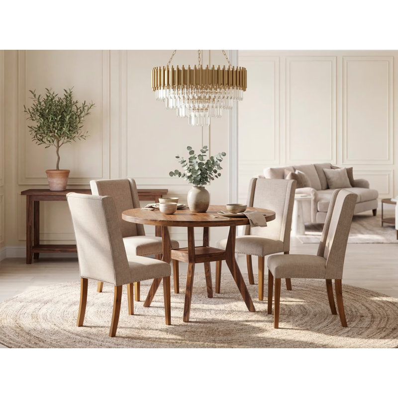 L'ensemble de table de salle à manger 5 pièces comprend une table moderne et 4 chaises rembourrées en tissu de lin brun clair à haut dossier, noyer antique