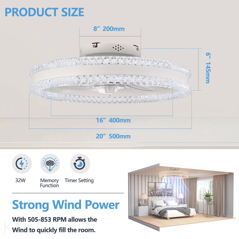 Ventilateur de plafond à DEL à double anneau de luxe 20 po avec lumière - Design encastré moderne, pales cachées, éclairage à intensité variable et télécommande, ventilateur silencieux à profil bas pour chambre à coucher, salon (blanc)