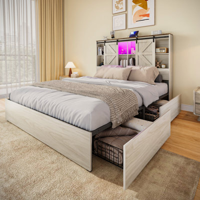 Millwood Pines Farmhouse Bed Frame With Bookcase Headboard, Power Outlets & LED Lights