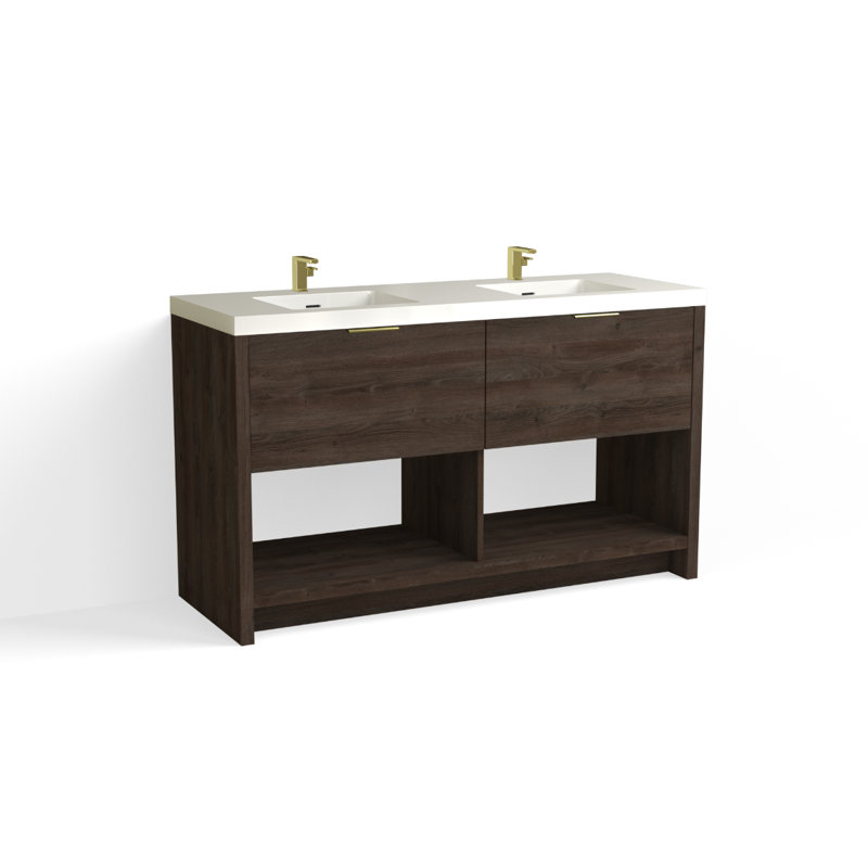 Vista 60" W Freestanding Double Bathroom Vanity, White Gloss, Single-Hole, White Nanomatte/Matte Black