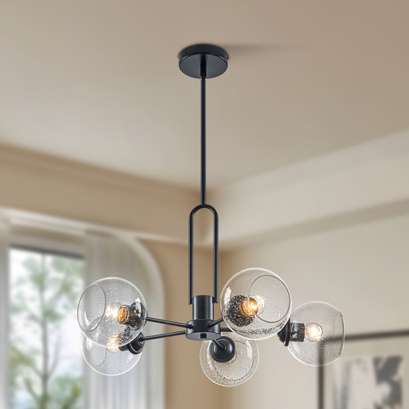 Lustre linéaire moderne à 5 lumières avec abat-jour transparent en verre bullé Spoutnik, Noir mat