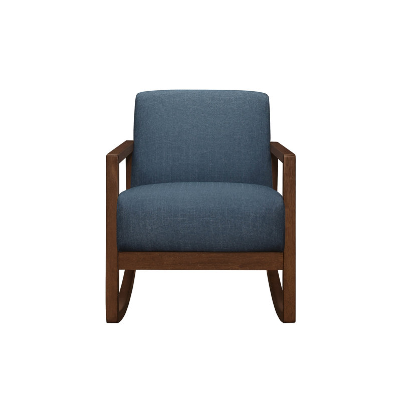 Chaise berçante d'appoint bleue, coussin, revêtement doux, structure en bois franc, style de salon moderne, confort et détente