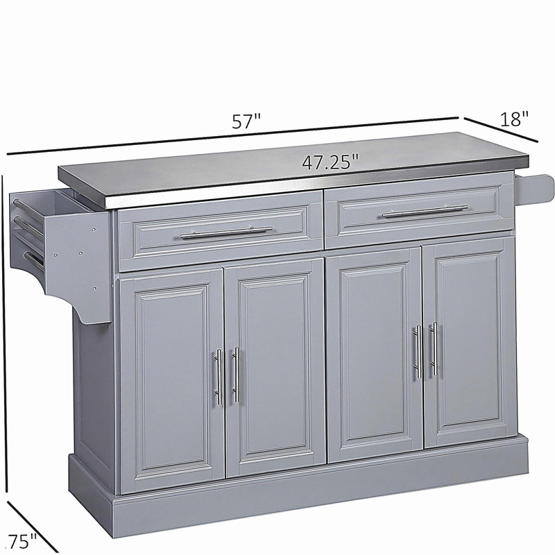 Portable kitchen island with storage space, portable kitchen trolley with stainless steel top, 2 drawers, spice, knife, and towel rack, and cabinets, gray