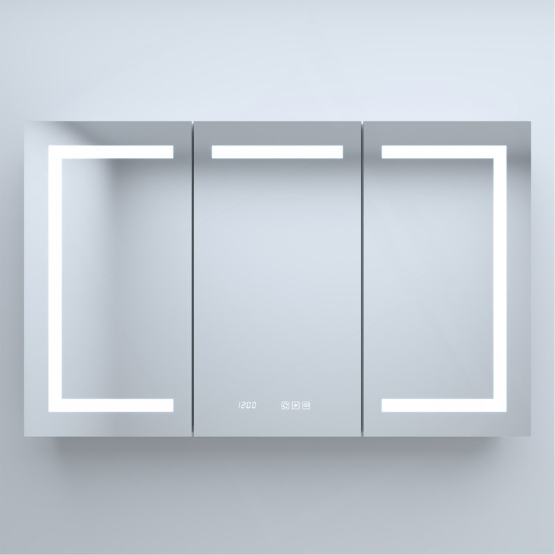 48 In. W X 30 In. H Rectangular Silver Aluminum Recessed/Surface Mount Medicine Cabinet With Mirror LED And Clock