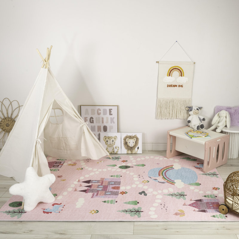 Tapis à motif de château de licorne rose / blanc 4 pi x 6 pi (3 pi 11 po x 5 pi 10 po) de style branche Everly
