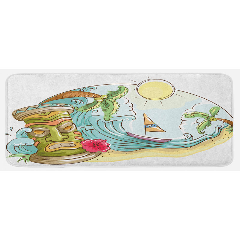 Tapis de cuisine à motif de décoration circulaire avec décorations tropicales tiki, reproduction d’art multicolore