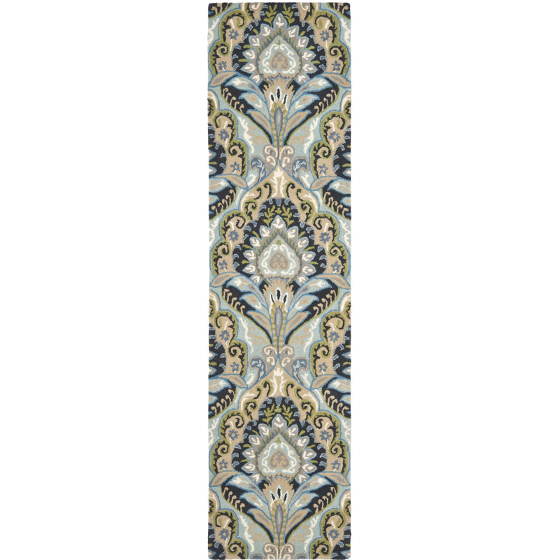 Tapis floral en laine touffeté à la main Kouerga, Tapis de couloir 2 pi 3 po x 9 pi