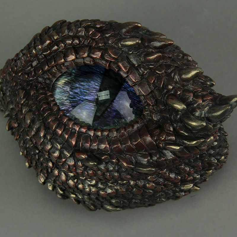 Kestwick antique bronze cold cast resin thorny dragon eye trinket box with glass lid and felted bottom — 3 x 4.75 x 3.5 inches