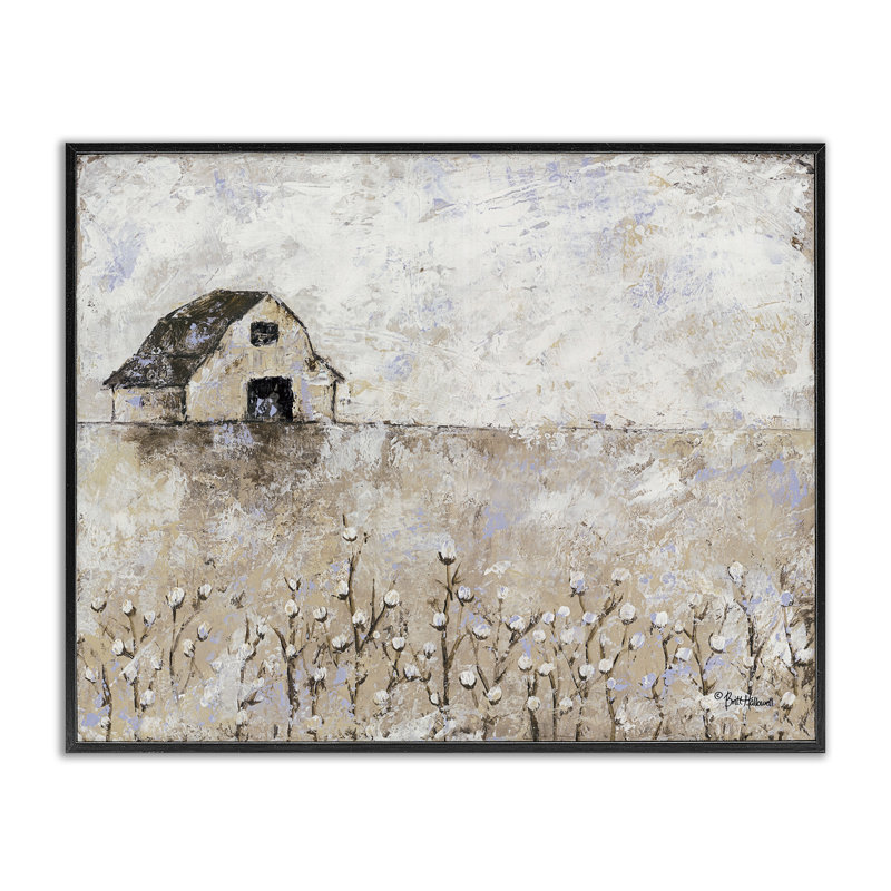 Grange blanche délavée, paysage de champs de coton - peinture, Giclée encadrée noir minuit, H 24 po x l 30 po