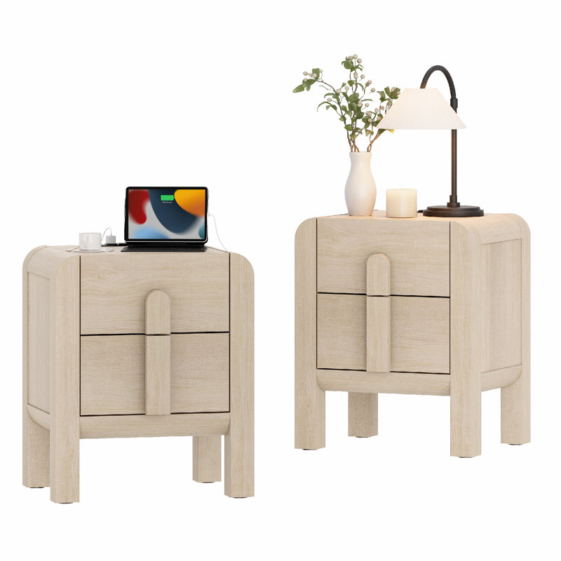 Adora End Table Set Of 2 With Charging Station And Curved Profile Design, Mid Century Modern Wooden Nightstand With Drawer For Bedroom, Living Room, Sofa Office