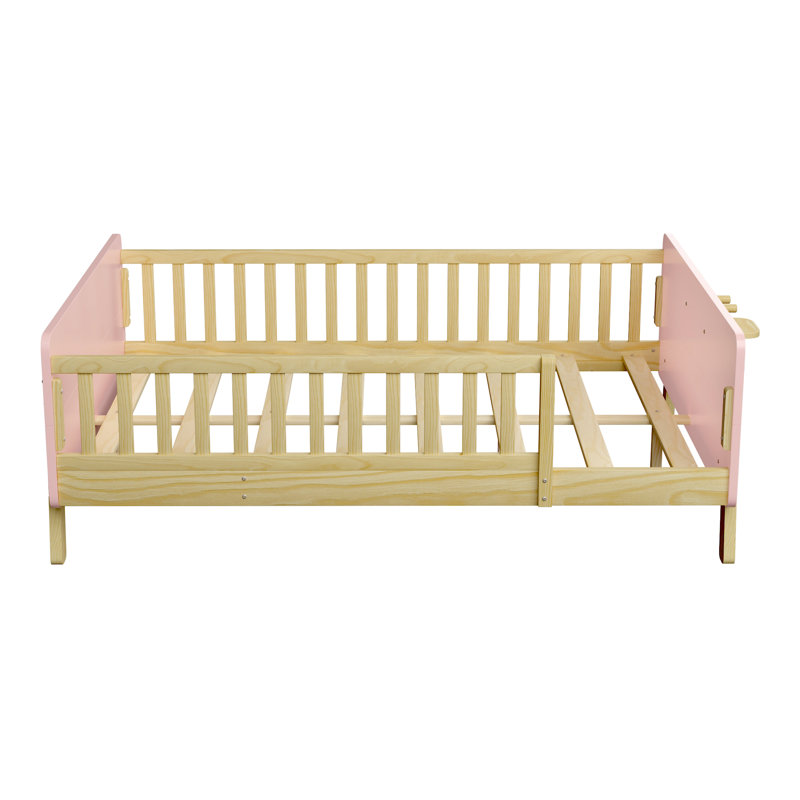 Lit d'enfant standard, lit plateforme en bois avec tête et pied de lit, rose, Double
