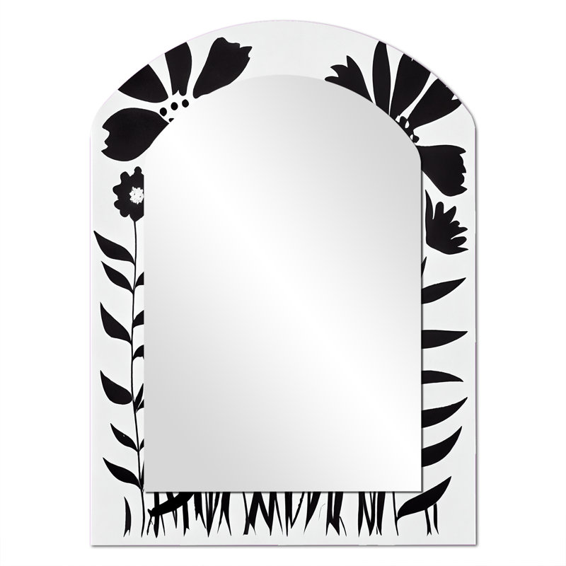 Noir et blanc graphique fleurs V - grand miroir à arche florale, décor de miroir mural asymétrique traditionnel, art en métal imprimé