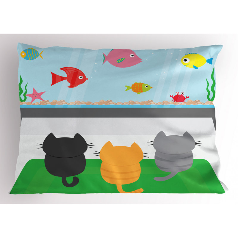 Kids Multicolor Polyester Cat and Fish Pillow Sham