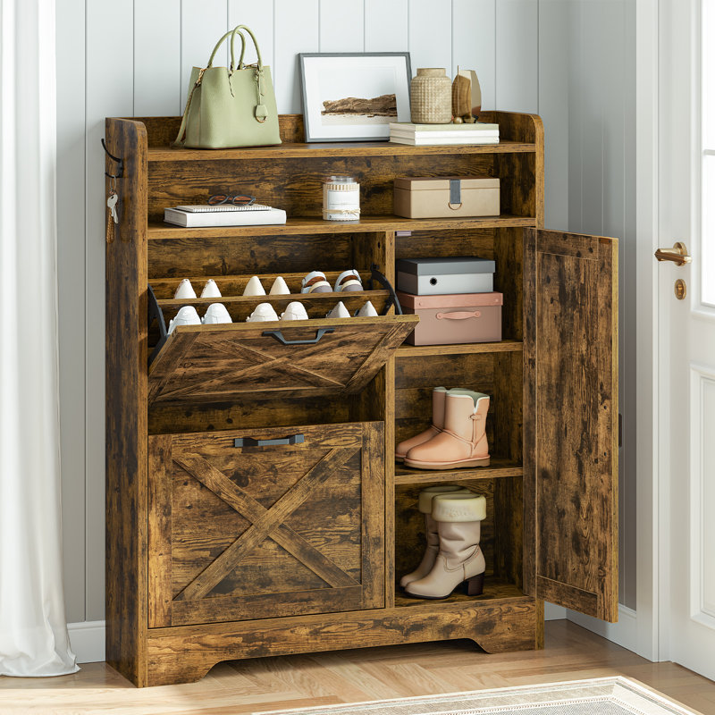Narrow Shoe Storage Cabinet with Adjustable Side Cabinet, Brown