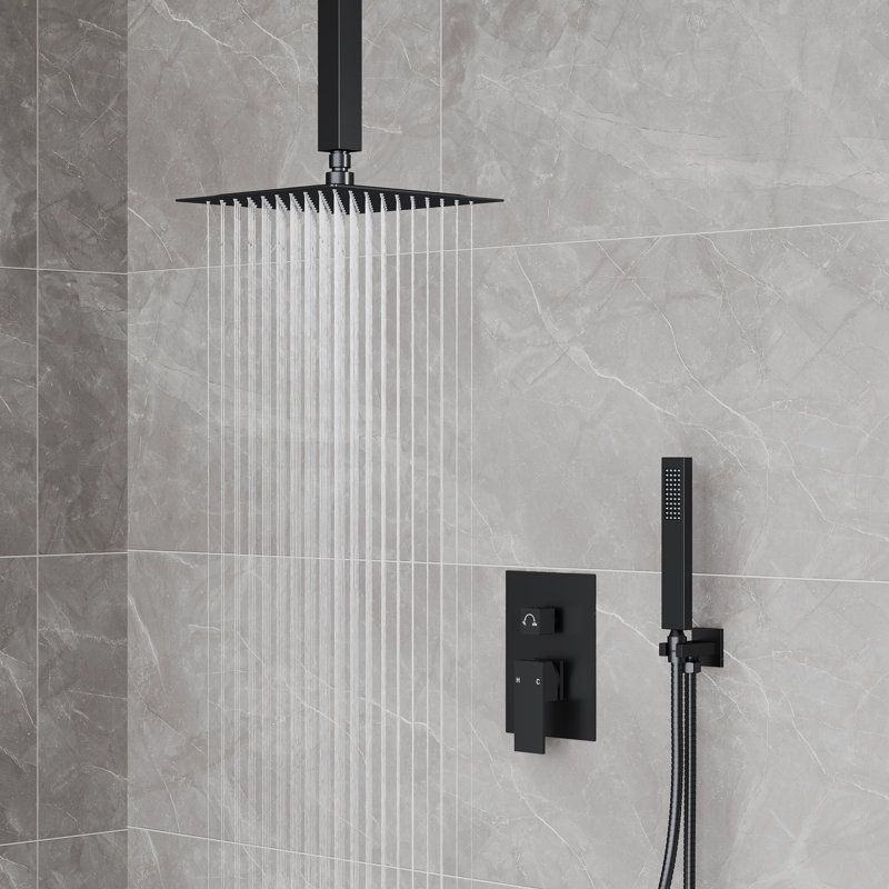 Système de douche à pluie haute pression 10 po, robinet de douche à fixation au plafond avec douchette, Noir mat, 2.0