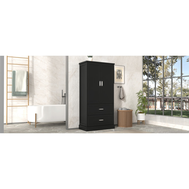 Tall Bathroom Storage Cabinet, Cabinet With Two Doors And Drawers, Adjustable Shelf, MDF Board