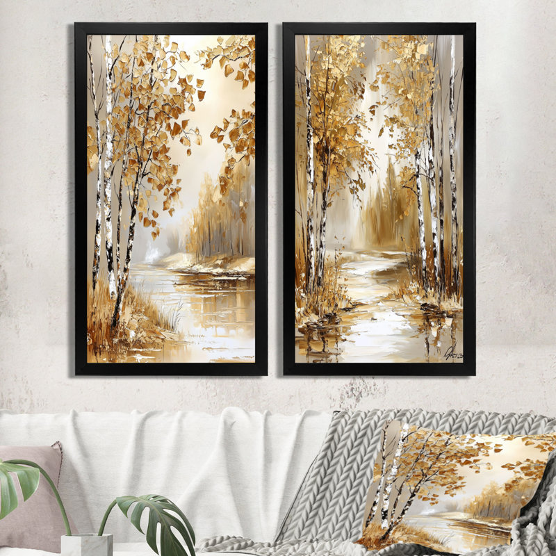 Automne bouleaux au bord de la rivière I - ensemble de 2 reproductions d'art mural floral traditionnel, H 32 po x l 32 po