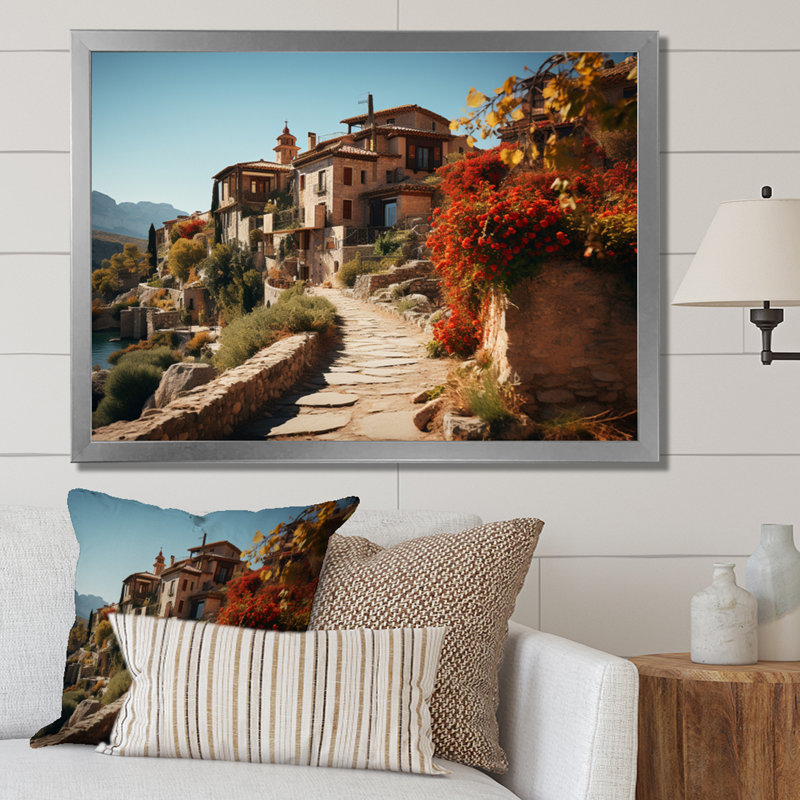 Espagne, village rustique d'Andalousie - reproduction, H 12 po x l 20 po x P 1 po, Cadre simple argenté