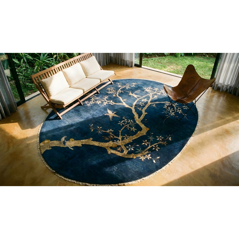 Blue Floral Antique Chinese Peking Oval Shape Room Size Area Rug