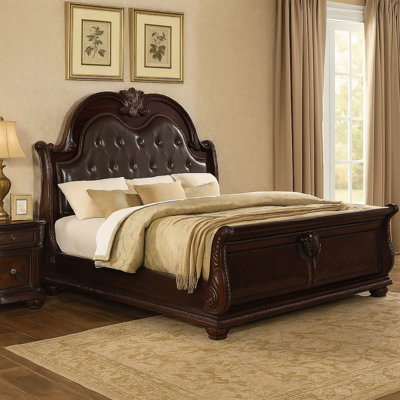 Sany Sleigh Bed W Tufted Headboard, Cherry Brown Veneer