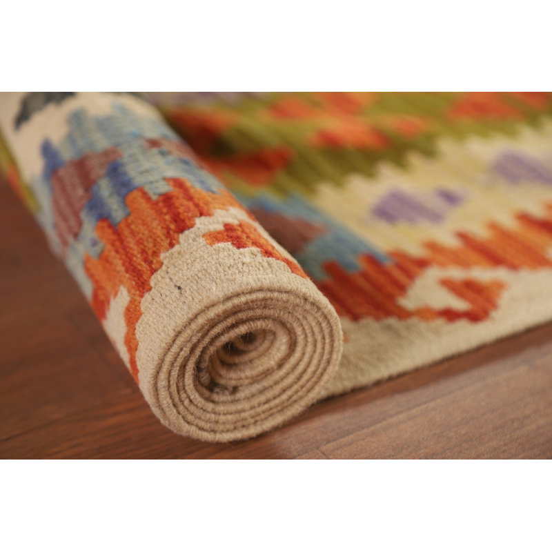 Tapis géométrique réversible en laine Kilim 10 x 13