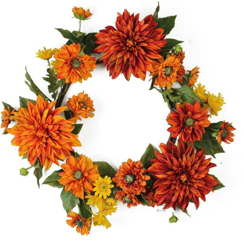 Mums and Daisies Twig Artificial Floral Wreath Orange 22-Inch