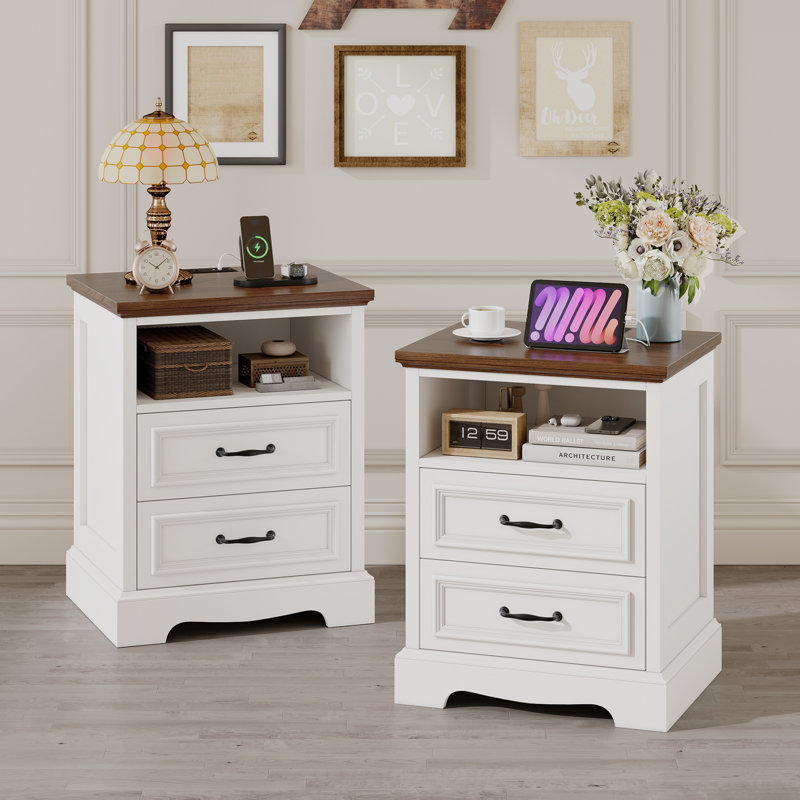 Farmhouse Nightstand Set of 2 with Charging Station, Bedside Table with 2 Drawers for Bedroom Modern End Table Storage Cabinet,Wood Small Dresser Drawer Chest for Small Place