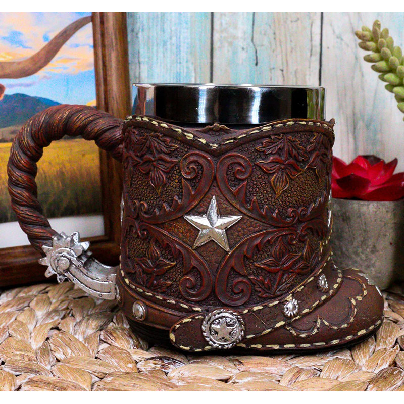 Botte de cowboy Ebros Western rustique avec une tasse de café Lone Star et Spur en faux cuir à motif de volutes, motif de dentelle, Wild West Old Fashioned Cowboys