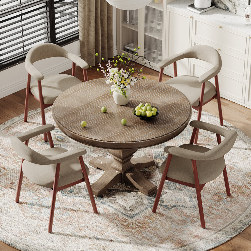 Upholstered Dining Armchairs With Solid Wood Legs, Fabric Camel