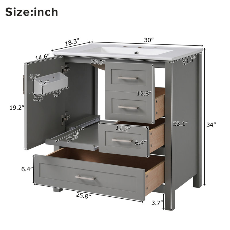 Ensemble de meuble-lavabo avec lavabo 30 po, armoire de rangement pour salle de bain avec porte à fermeture douce, 3 tiroirs à fermeture douce et plateau amovible, structure en bois massif
