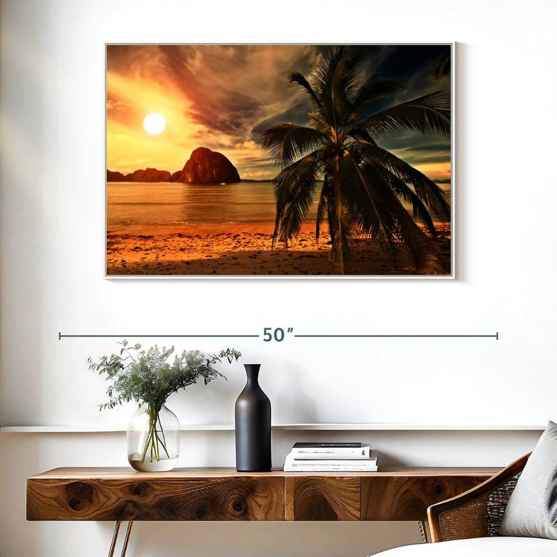 Coucher de soleil sur la plage chaude, Cadre flottant blanc, 40 po x 27 po