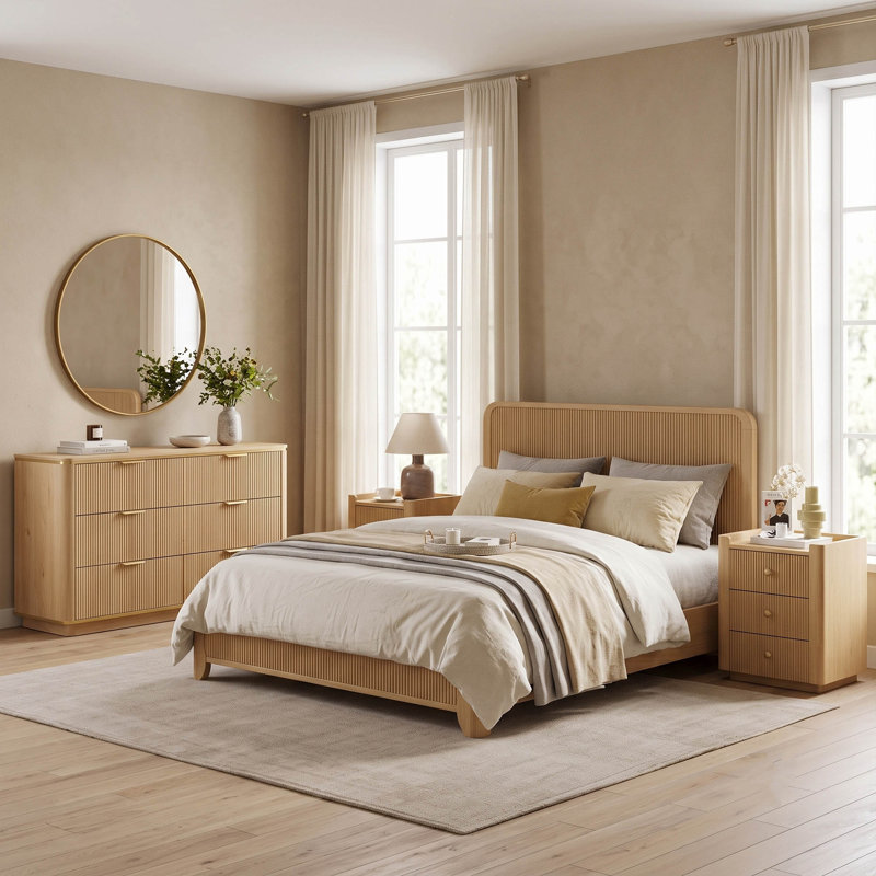 Ensemble de chambre à coucher avec lit cannelé 3 pièces, commode 6 tiroirs et table de chevet 3 tiroirs Avalie