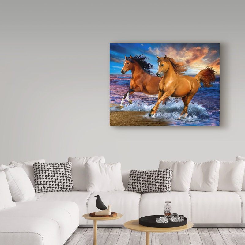 Large Brown Horses Running on Beach Canvas Art