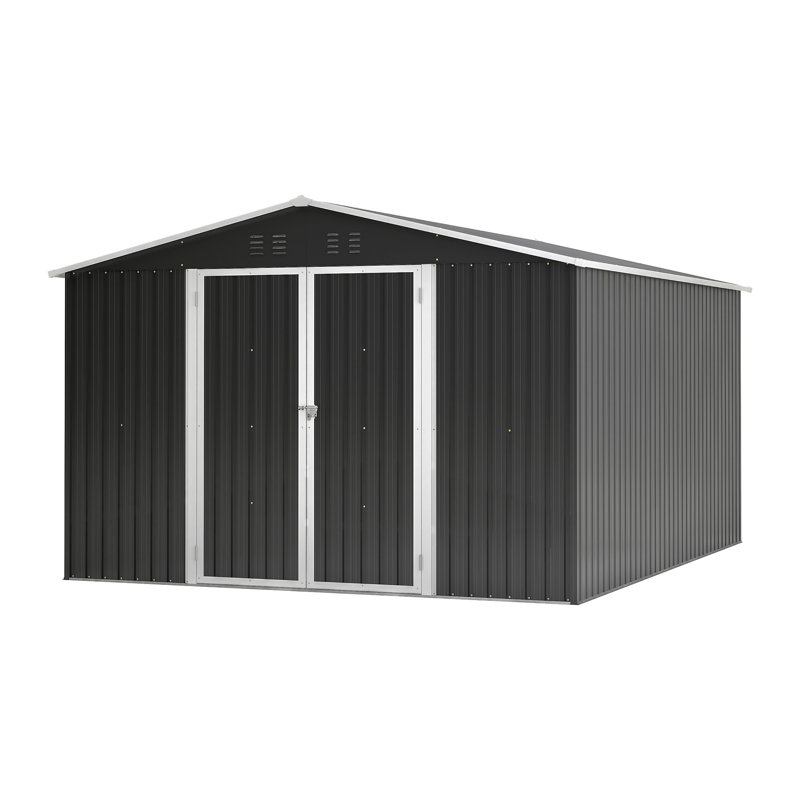 Remise de rangement extérieure 10 pi x 12 pi, rangement pour outils en métal avec portes verrouillables et structure à cadre, grande remise en métal pour la cour arrière, pelouse de patio, noir