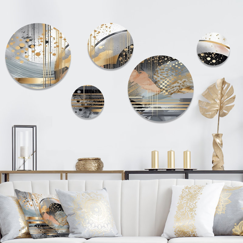 Rayures pastel grises et dorées Melody II - ensemble abstrait d'art mural rond de 5