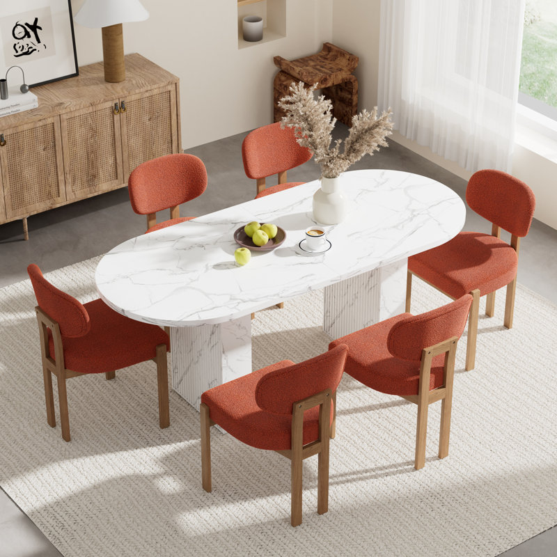 Oval Double Pedestal Kitchen Table Sets, 7 Pieces: Table, 6 Chairs, Orange