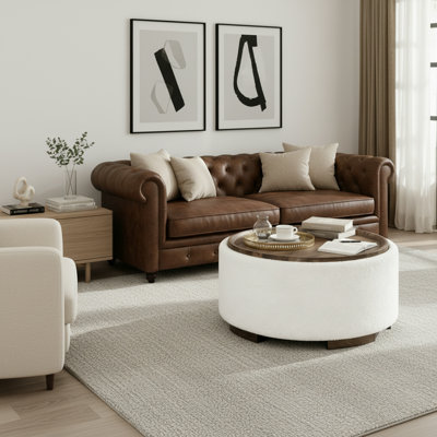 Table basse ronde avec repose-pieds 29,5 pouces, table basse circulaire moderne avec rangement avec couvercle amovible et pieds en bois massif, grand repose-pieds rond pour la chambre à coucher et le salon