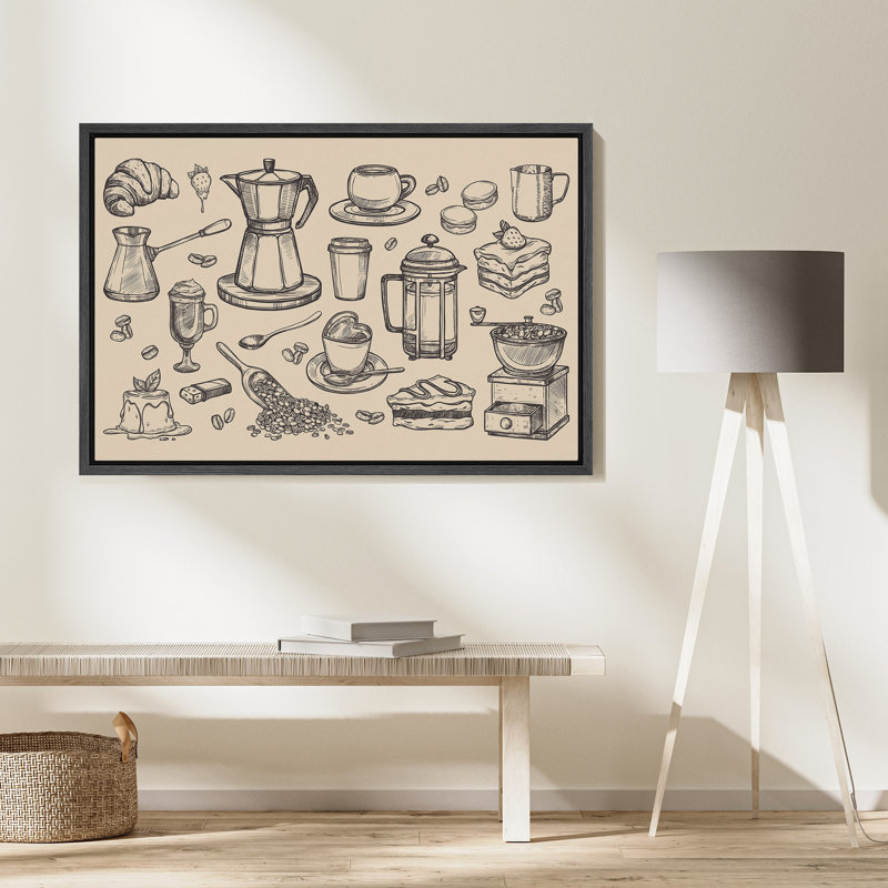 «Retro Coffee & Pastry Sketches», impression sur toile - décor de café rustique pour coin cuisine ou déjeuner, Noir