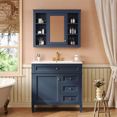36'' Bathroom Vanity With Top Sink, Modern Bathroom Storage Cabinet With Mirror, 2 Drawers And A Tip-Out Drawer, Mirror Cabinet With 6 Open Shelves, Single Sink Bathroom Vanity