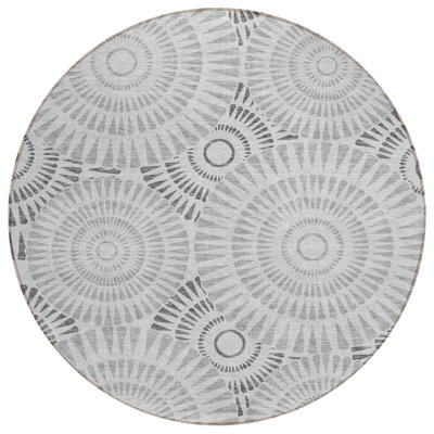 8' Gray And Dark Gray Round Geometric Washable Indoor Outdoor Area Rug
