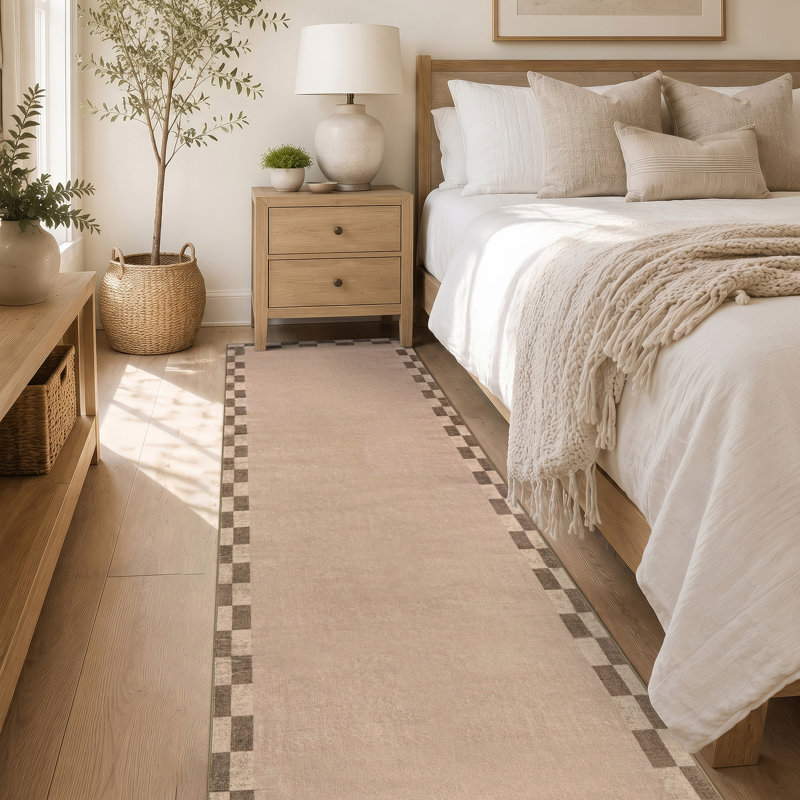 Tapis beige antidérapant à motif damier beige sable lavable à la machine, Beige, 2 pi x 12 pi