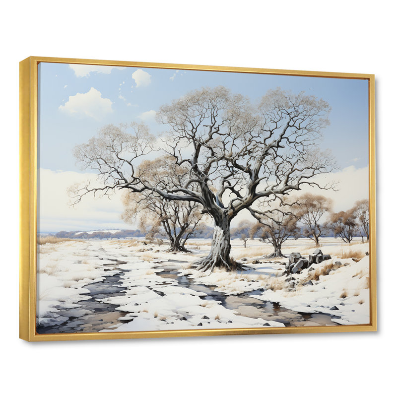 Winters Tree Sycamore 2 - Art mural sycomore, Cadre flottant doré, H 34 po x l 44 po x P 1,5 po