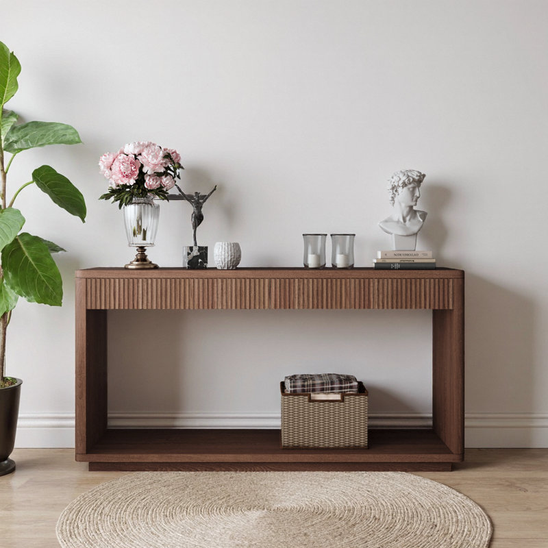 60-inch Modern Fluted Console Table with 2 Drawers - Sofa Table for Living Room, Hallway & Entryway, Walnut