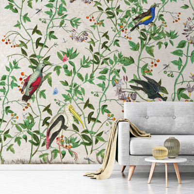 Papier peint amovible oiseaux tropicaux feuilles vertes cigogne et canard