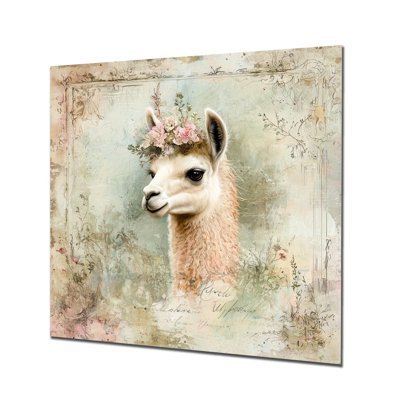 «Vintage Llamas Floral Crown Beauty», art mural lama, reproduction d'art moderne en métal