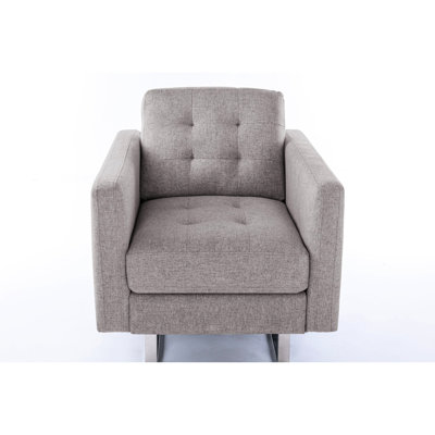 33.5" Beige Linen Armchair With Metal Legs, Flashing Cushions, Side Pockets, Phone Pocket, Magazine/Tablet Pouch, Included Pillow 1