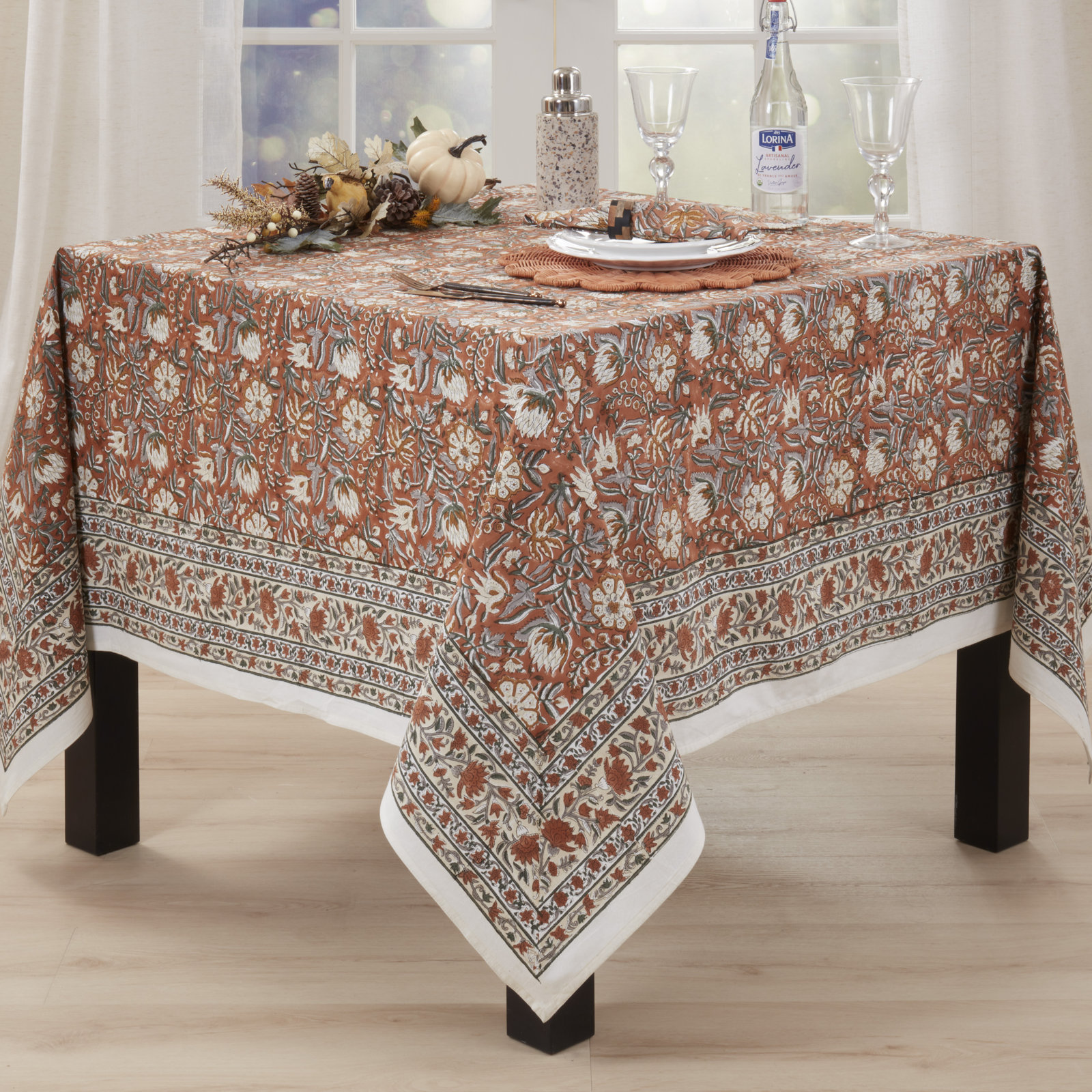 Timeless Printed Floral Tablecloth with Coordinating Border Detail, Soft Durable Cotton Construction for Refined Everyday Dining and Entertaining, 70"x70"
