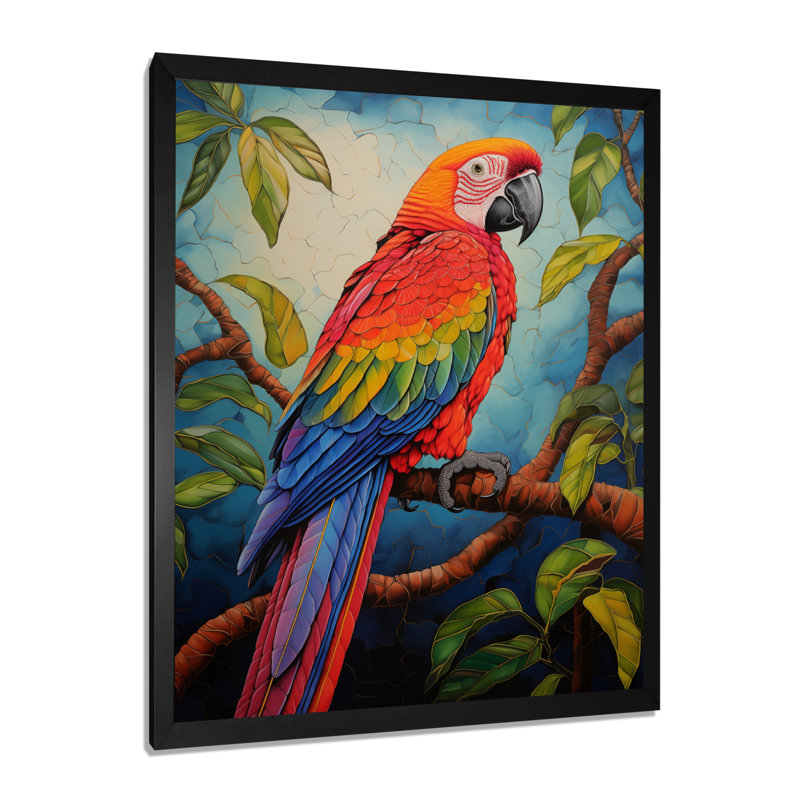 Perroquet rouge et vert dans la jungle africaine II, Cadre simple noir, bois massif, H 32 po x l 16 po